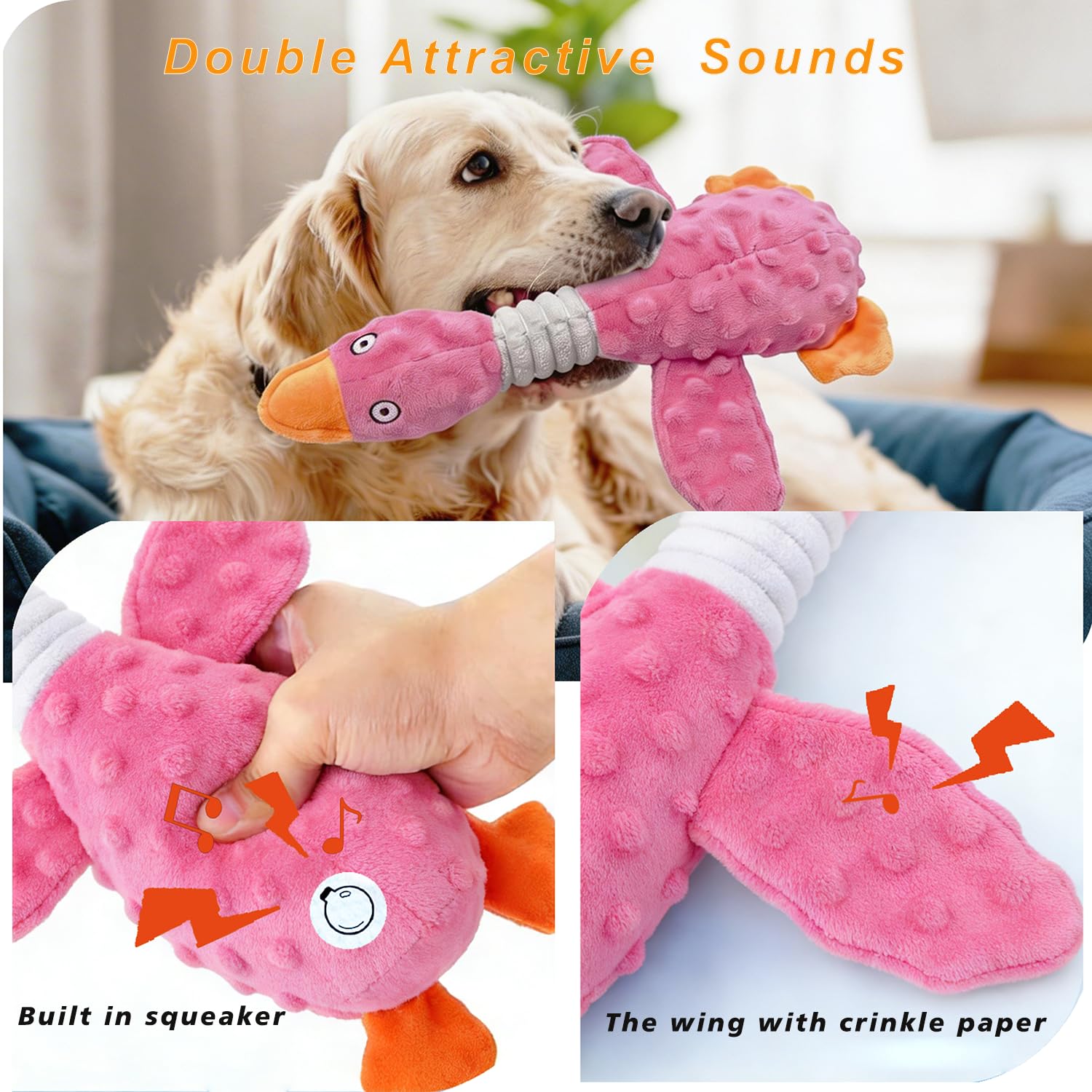 Durable Squeaky Crinkle Duck Plush Dog Toy Pink