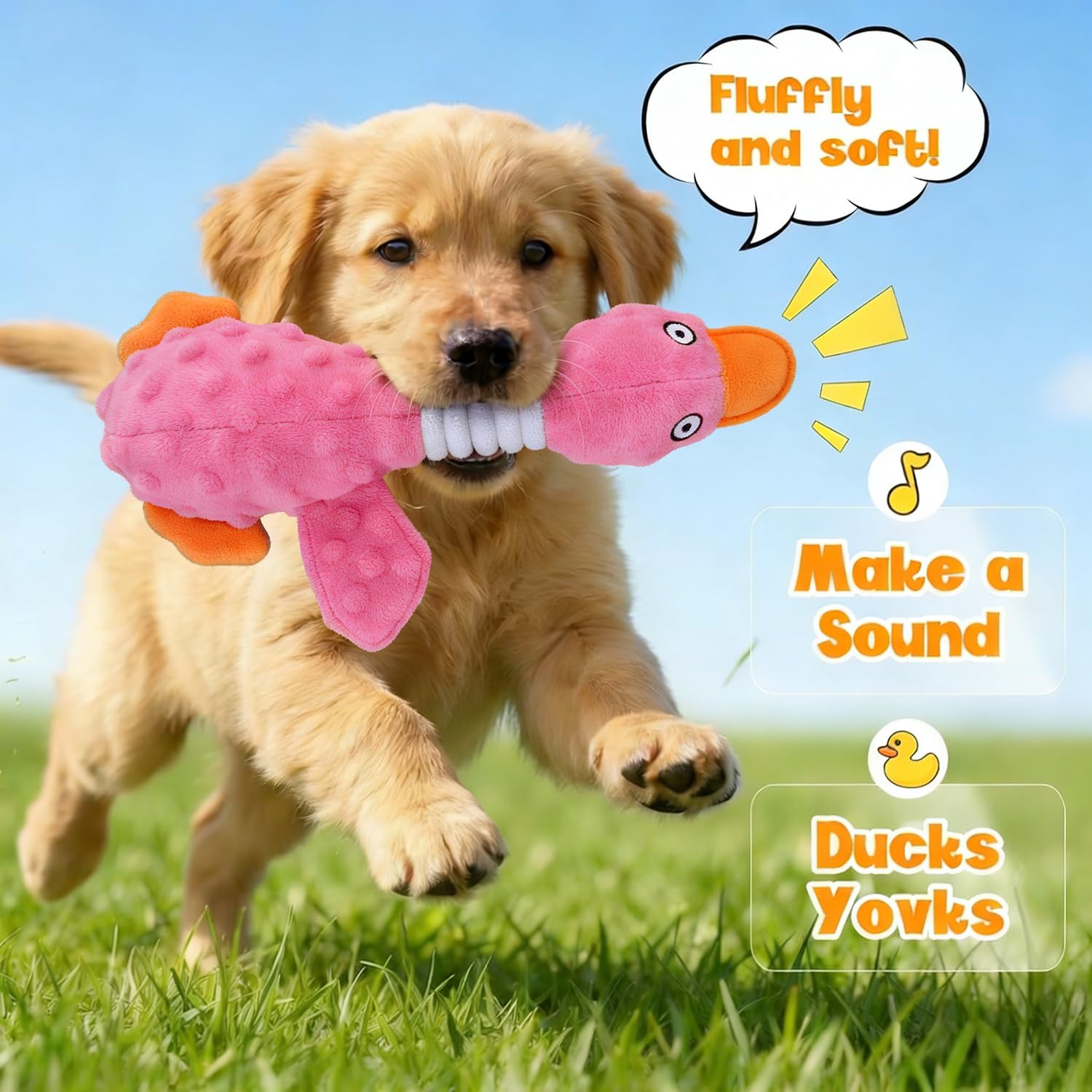 Durable Squeaky Crinkle Duck Plush Dog Toy Pink