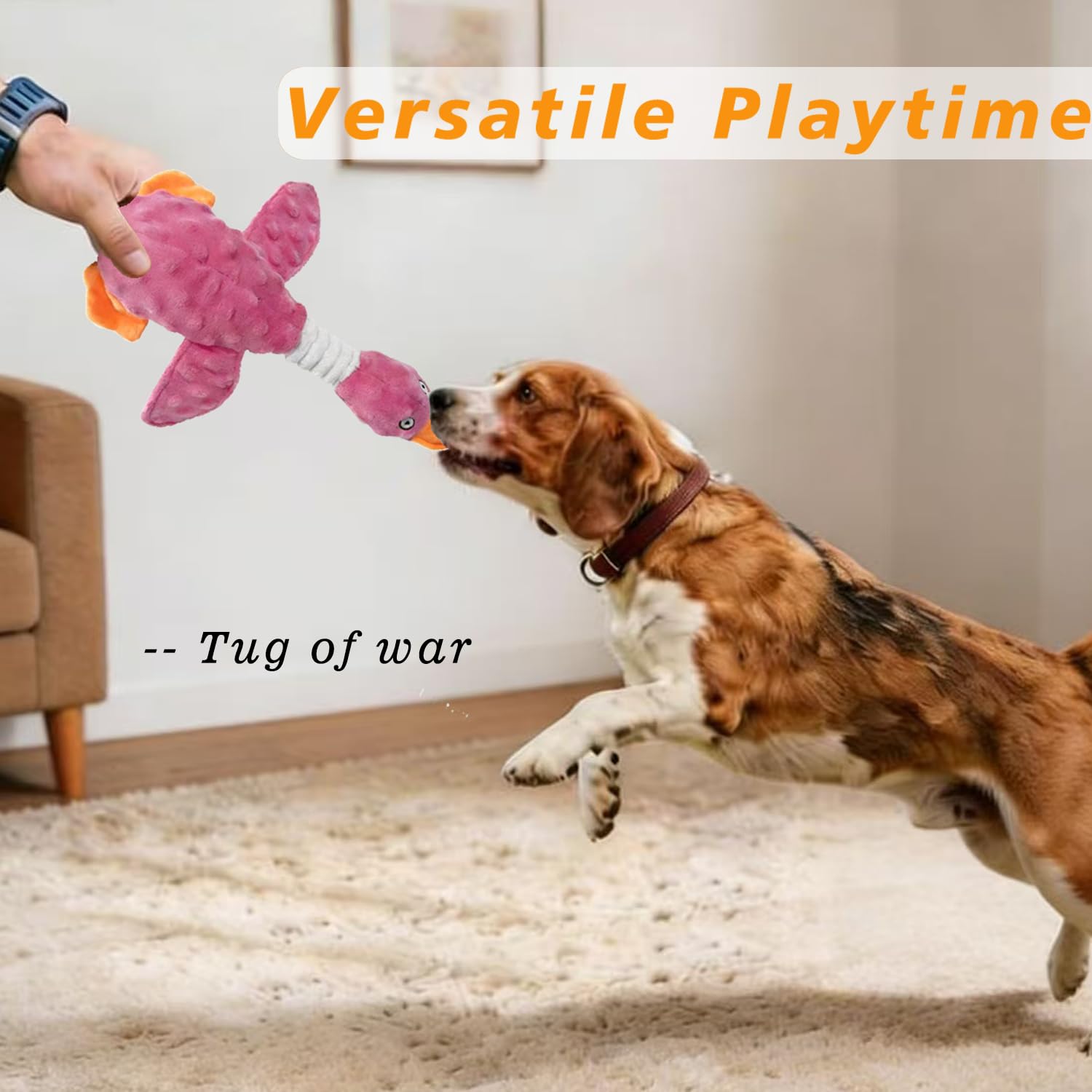 Durable Squeaky Crinkle Duck Plush Dog Toy Pink