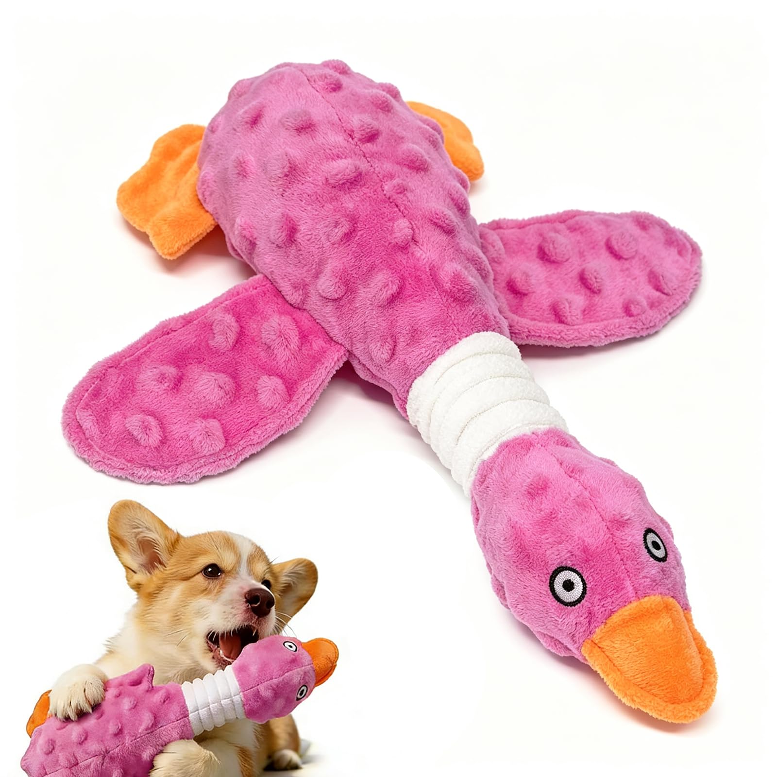 Durable Squeaky Crinkle Duck Plush Dog Toy Pink
