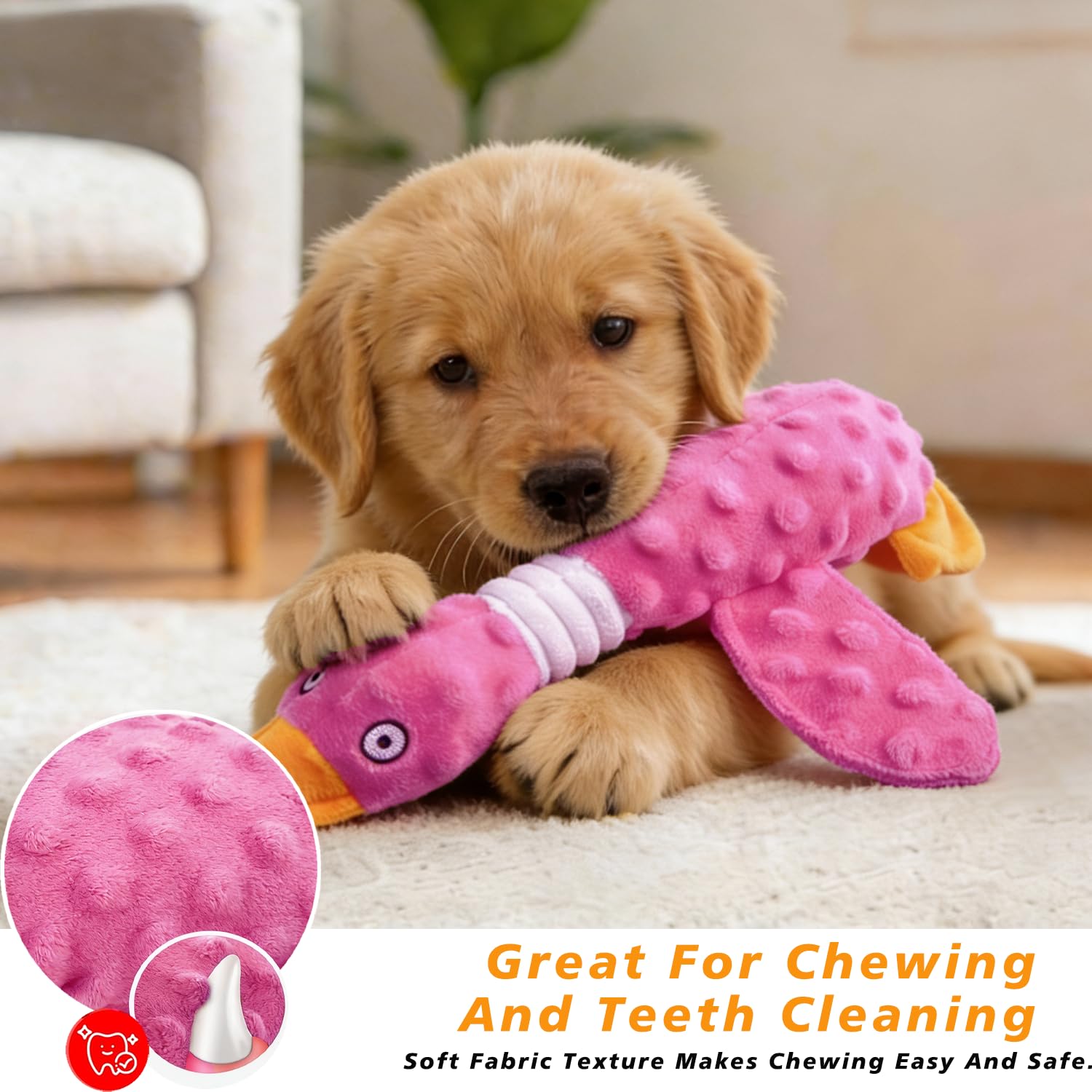 Durable Squeaky Crinkle Duck Plush Dog Toy Pink