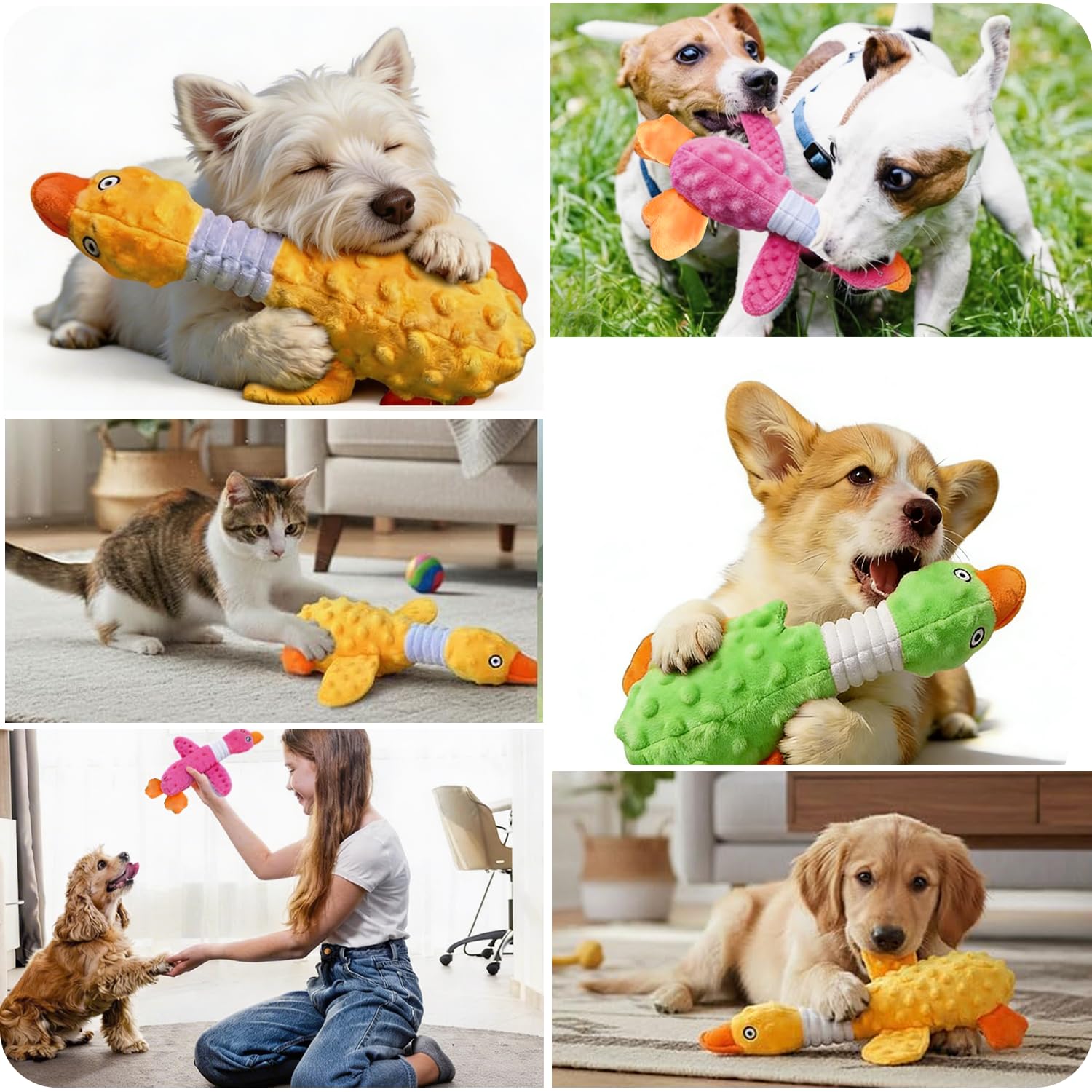 Durable Squeaky Crinkle Duck Plush Dog Toy Pink