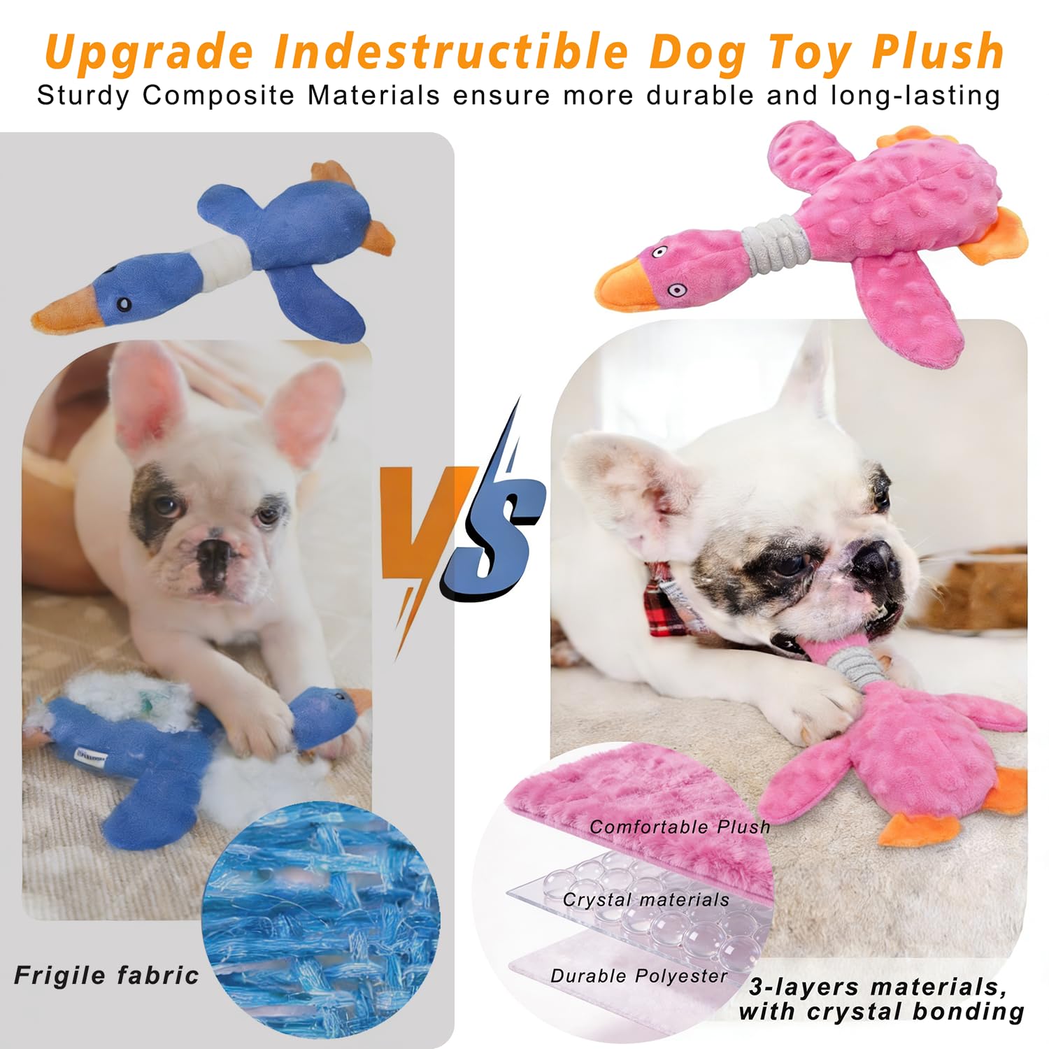 Durable Squeaky Crinkle Duck Plush Dog Toy Pink