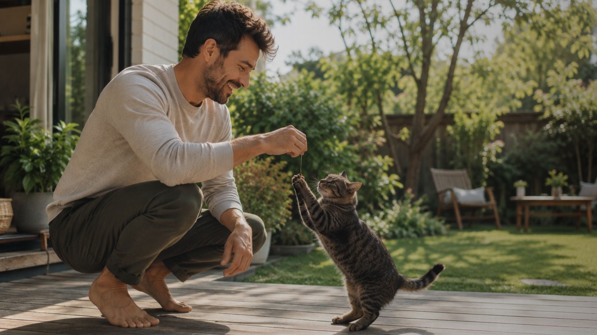 Man feeding a cat outdoors on a wooden deck with greenery in the background