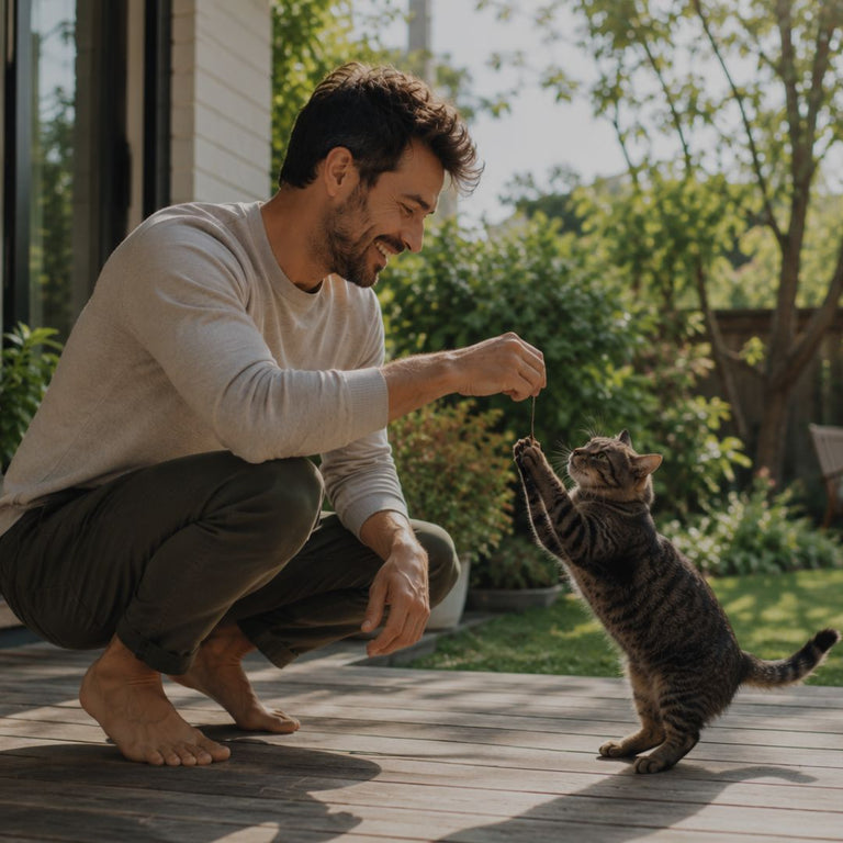 Man feeding a cat outdoors on a wooden deck with greenery in the background