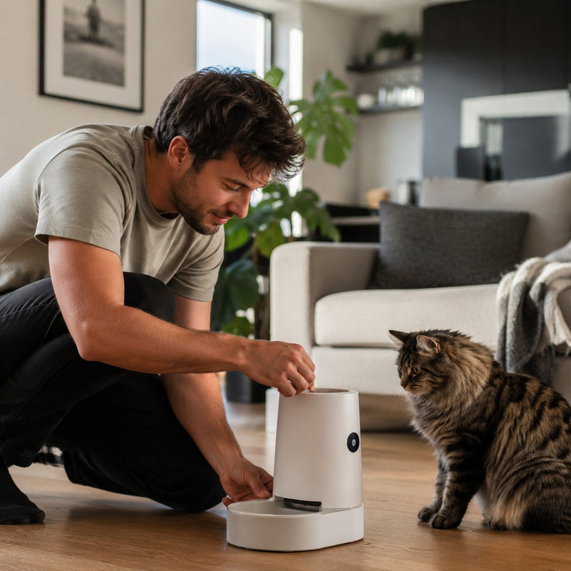 Man setting up a pet feeder with a cat in a living room.