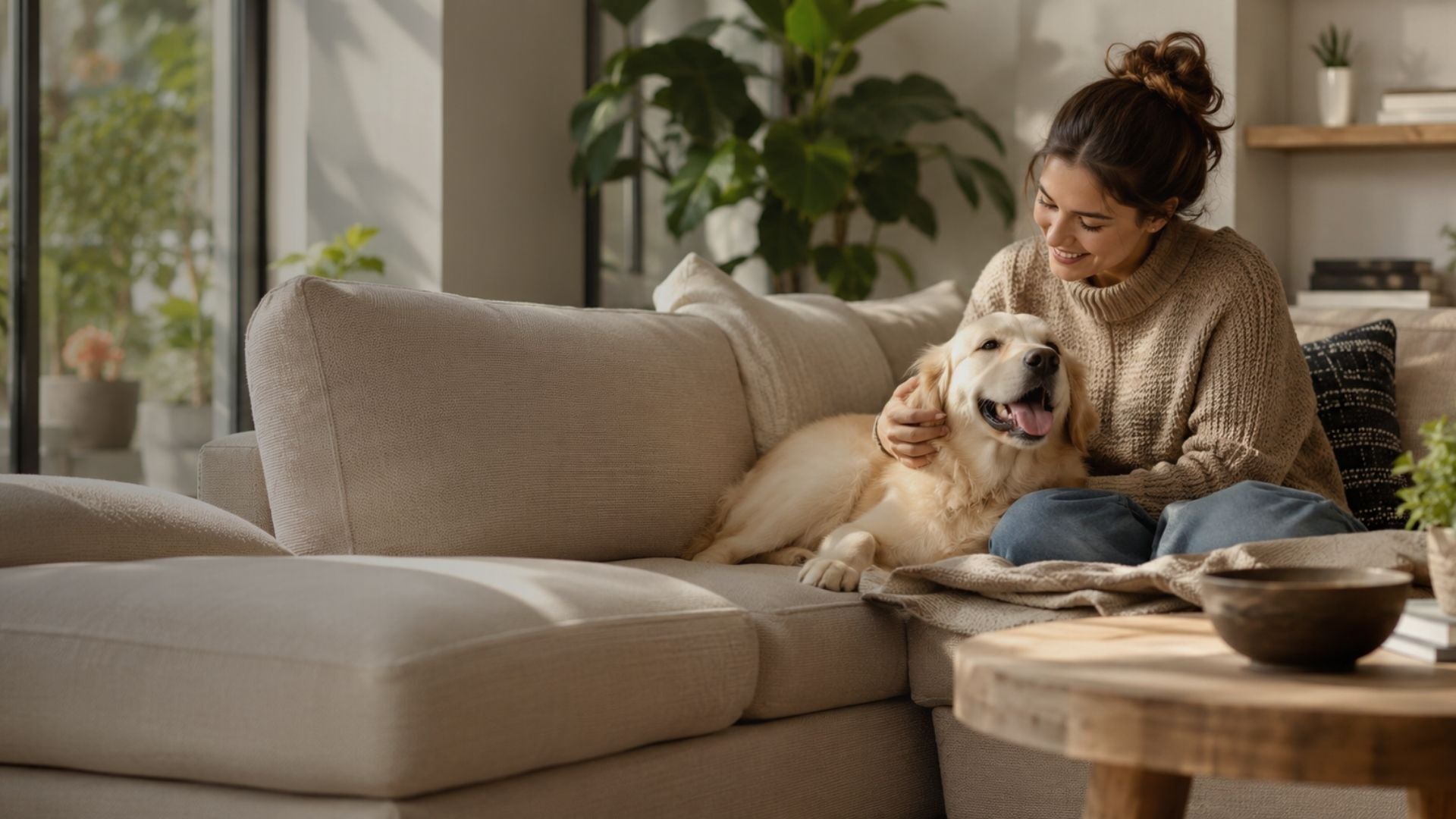 Woman sitting on a couch with a dog in a cozy living room