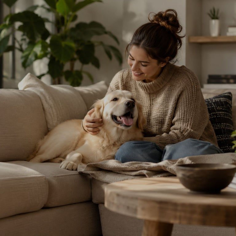 Woman sitting on a couch with a dog in a cozy living room
