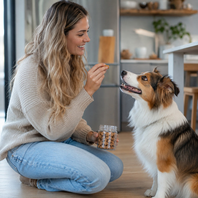 Woman feeding a dog treats in a kitchen