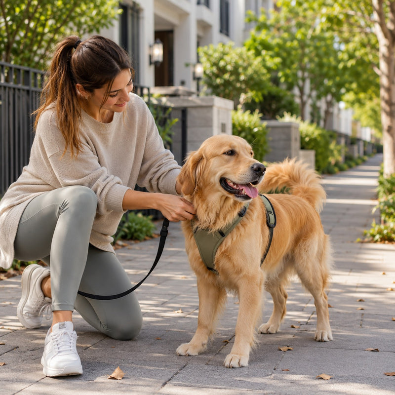Woman petting a golden retriever on a sidewalk in an urban setting